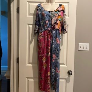 Flowy jumpsuit. Colorful. Tie waist and wooden buttons. Ladies L/XL